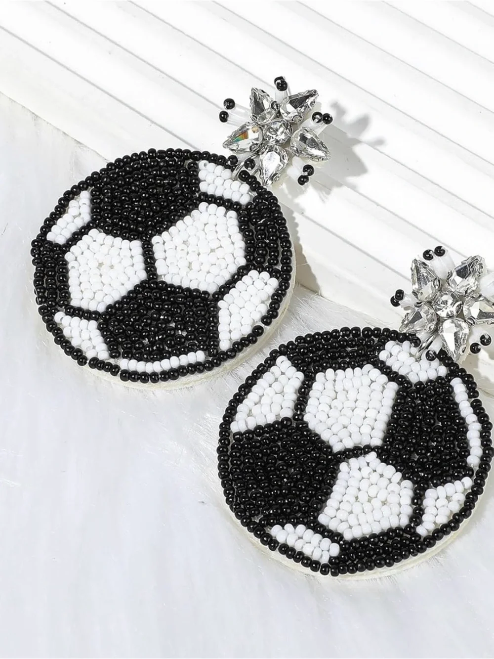 Black and White Beaded Soccer Ball Drop Earrings - Unbranded - Picture 2 of 4